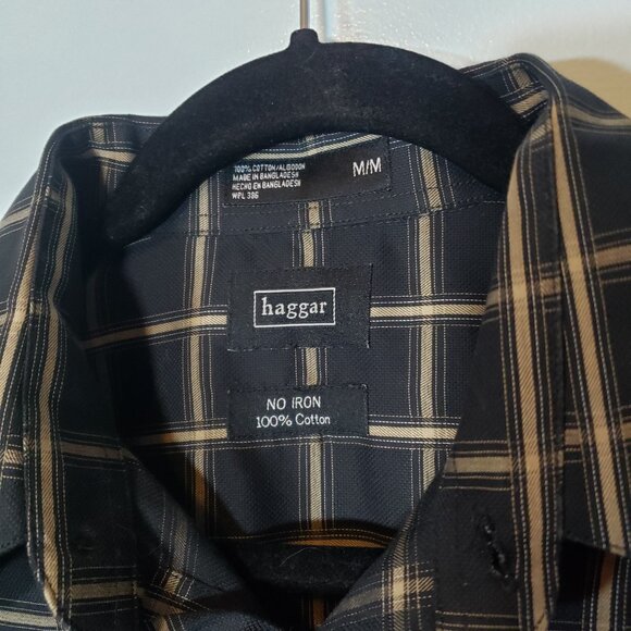 Haggar Men’s No Iron Black Tan Checkered button-down dress casual shirt size M - Picture 3 of 3